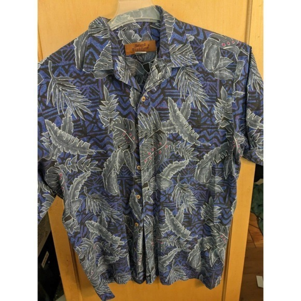Island‎ Traditions Men's Hawaiian Shirt Floral Short Sleeve Blue 65/35